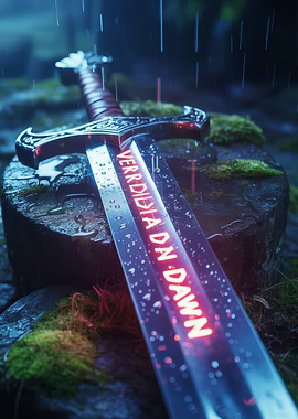 Glowing Sword in the Rain