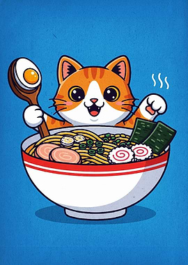 Cartoon Cat in Ramen Bowl