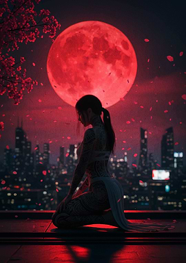 Tattooed Woman Under Red Moon Cityscape