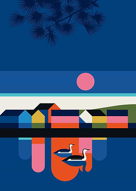 Geometric Lake Scene with Birds