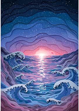 Ocean Waves at Sunset Paper Cut