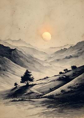 Monochrome Mountain Valley Landscape with Sun
