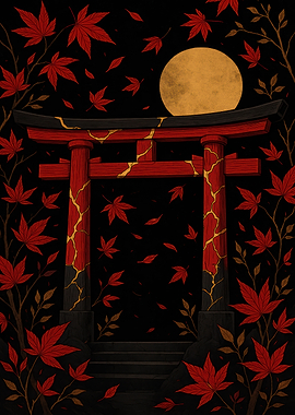 Red Torii Gate with Moon and Leaves