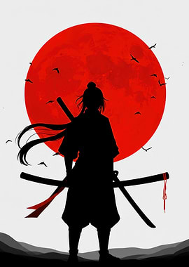 Samurai Silhouette with Red Moon