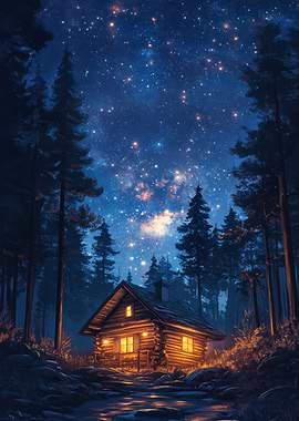 Cabin under the starry night sky