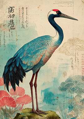 Japanese Crane Art with Calligraphy