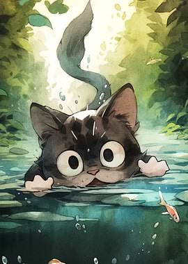 Cartoon Cat Swimming in Water