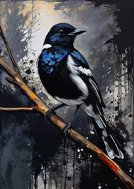 Magpie Bird on Branch Painting