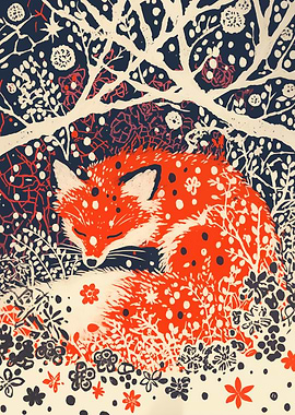 Sleeping Fox in Winter Forest