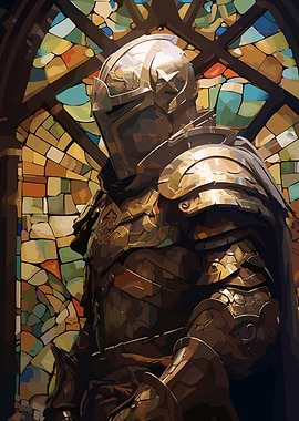 Golden Knight in Stained Glass Setting