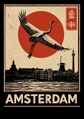 Amsterdam Crane Japanese Style Travel Poster