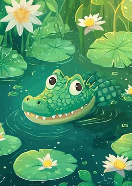Cartoon Alligator in a Lily Pond