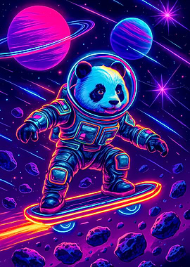 Astronaut Panda on Skateboard in Space