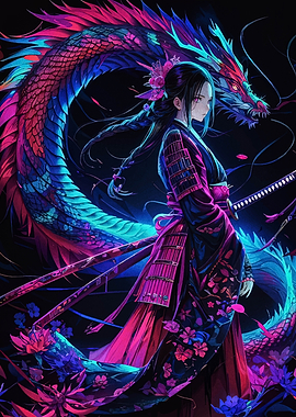 Anime Samurai Girl with Neon Dragon