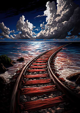 Railroad Tracks Over Water Landscape