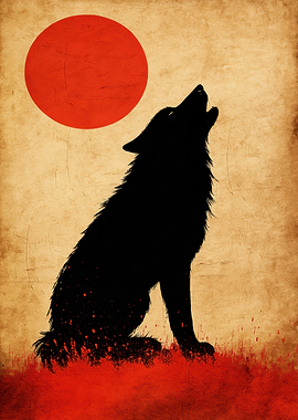 Wolf Howling at Red Moon Silhouette