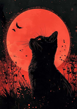 Black Cat and Red Moon