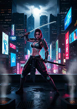 Cyberpunk Samurai Woman with Katanas