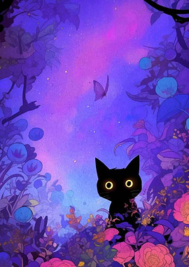 Black Cat in a Floral Dreamscape