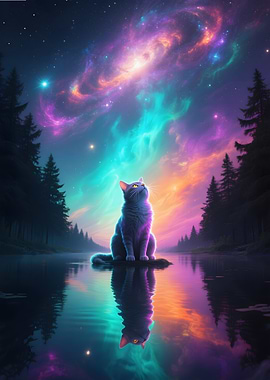 Cat gazing at the cosmic sky