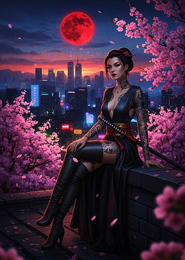 Cyberpunk Geisha with Cherry Blossoms