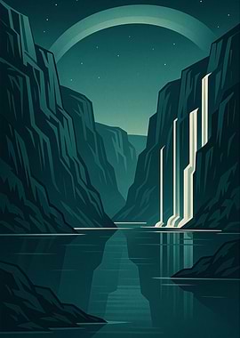 Abstract Waterfall Landscape with Ring