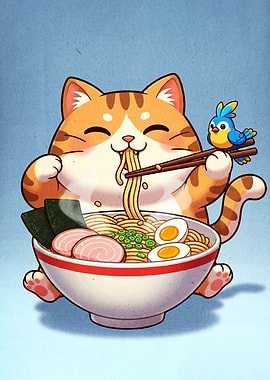 Cute Cat Eating Ramen with Bird