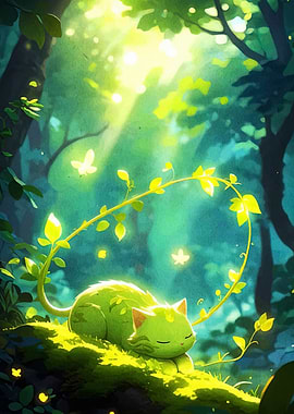 Green Cat Sleeping in Forest