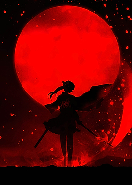 Silhouette of Anime Character with Red Moon