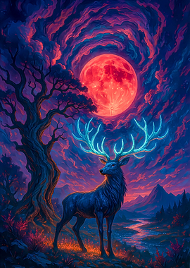 Mystical Deer Under a Red Moon