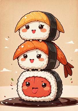 Cute Sushi Stack Cartoon Illustration