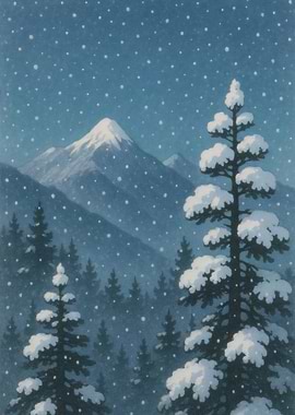 Snowy Mountain Landscape with Pine Trees