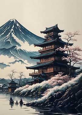 Japanese Pagoda with Mount Fuji