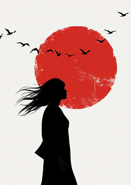 samurai girl japanaise culture Silhouette of a woman with birds