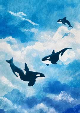 Orcas in the Sky Watercolor Painting