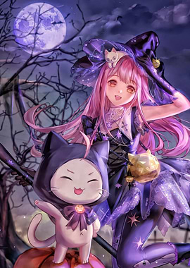 Halloween Witch and Cat Digital Art