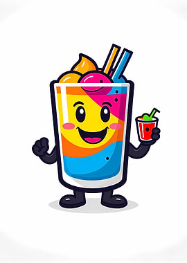 Smiling Rainbow Drink Mascot Holding Mini Cup
