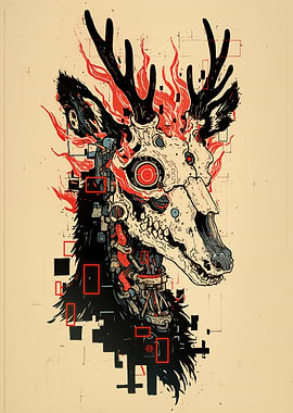 Cyberpunk Deer Skull with Flames