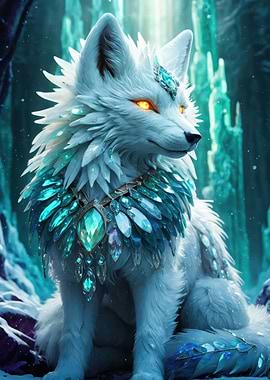 Crystal-Adorned Arctic Fox Guardian — Glowing Eyes Fantasy Portrait