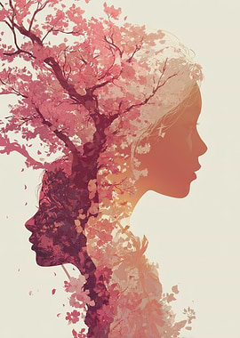 Cherry Blossom Woman Double Exposure Art