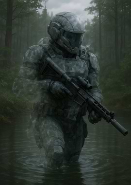 Futuristic Soldier in Forest Stream