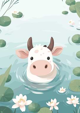 Cute Cow in Pond with Lilies