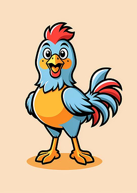 Cheerful Cartoon Rooster Mascot with Colorful Feathers