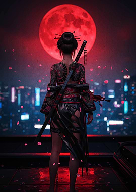 Tattooed Geisha with Katana and Red Moon