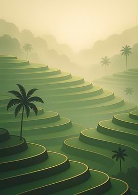Green Rice Terraces with Palm Trees