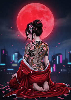 Tattooed Geisha with Red Moon
