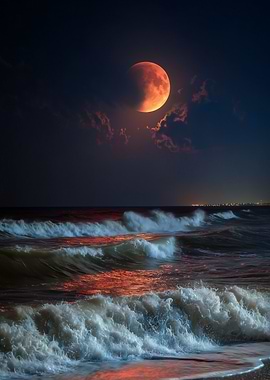 Blood Moon Over Ocean Waves