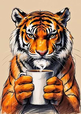Tiger with Coffee Cup Illustration