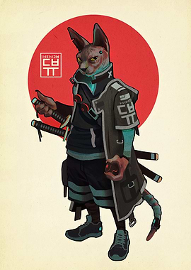 Cyberpunk Cat Ronin Illustration
