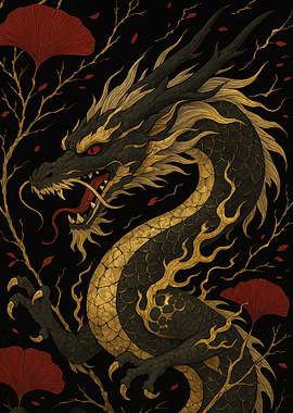 Golden Dragon with Ginkgo Leaves
